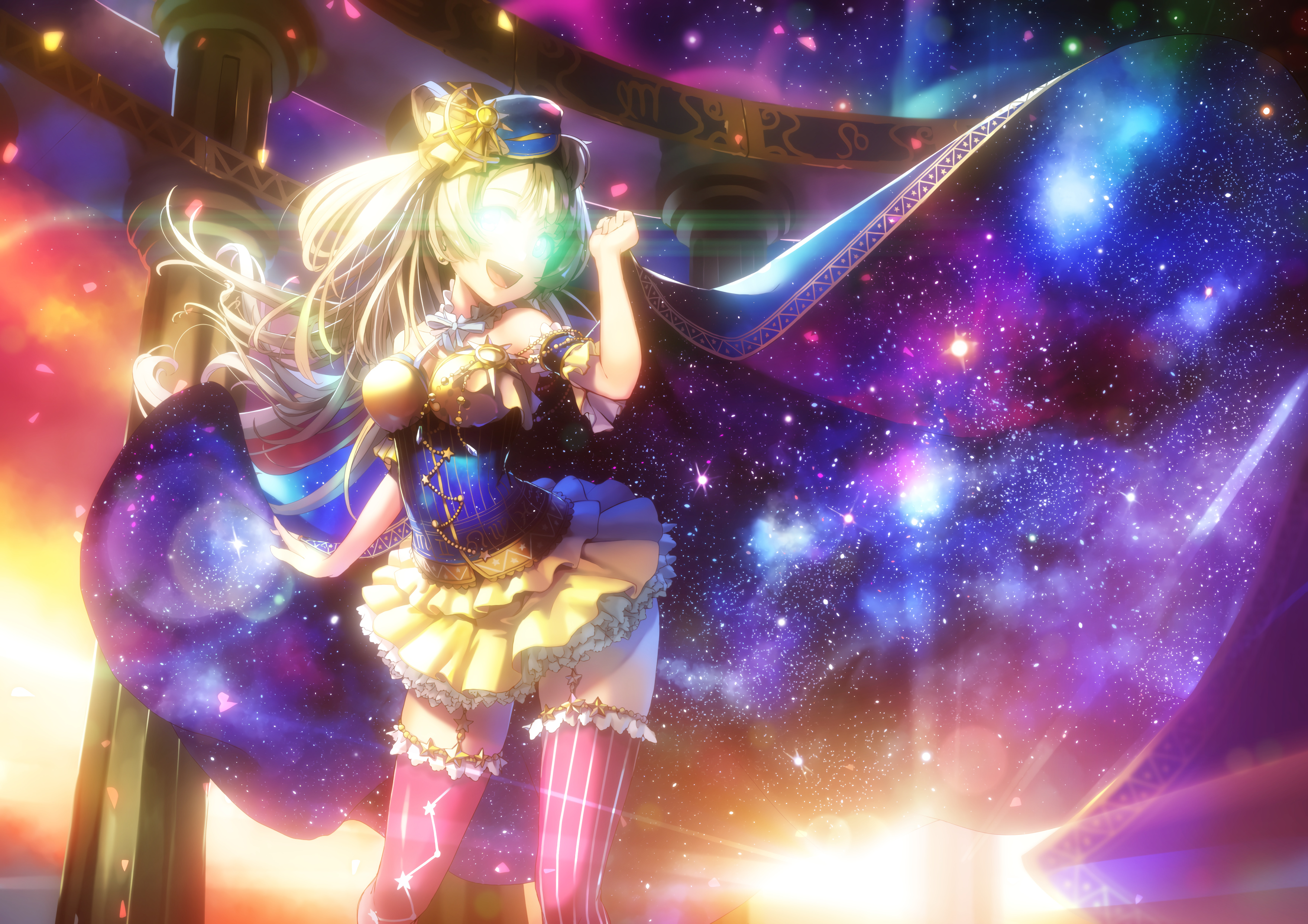 Kotori stands in the middle of a golden temple floating in  deep space.  Her outfit is decorated with constellations, most notably a huge cloak flowing behind her, filled with all the stars and galaxies in the universe.  She looks positively divine, if not outright unreal.